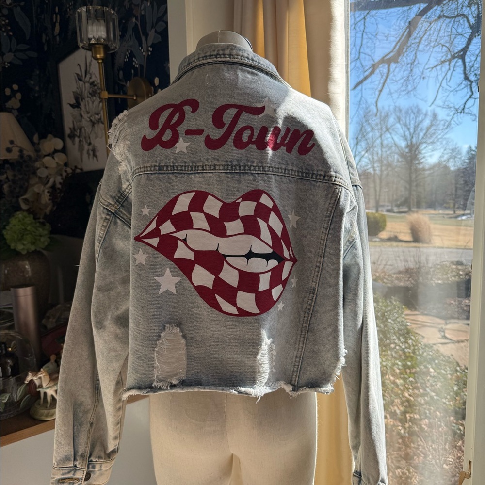 Indiana University Denim Jacket with Red Checkered Lips Design B-Town  Sz L